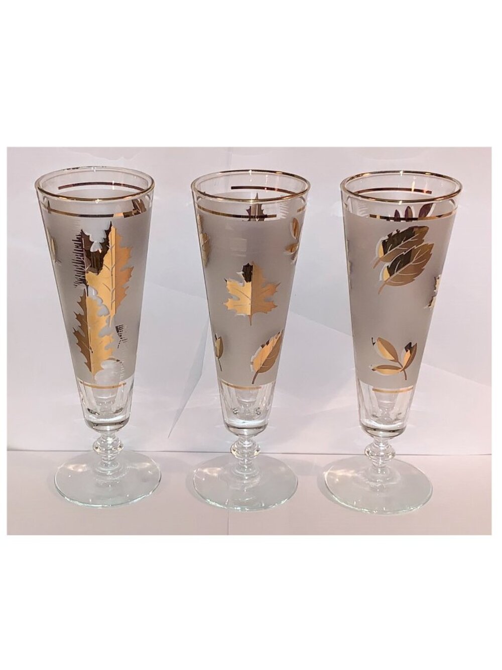 Vintage MCM Libbey Golden Foliage Gold Leaf Frosted Pilsner Glasses (Set of 3)